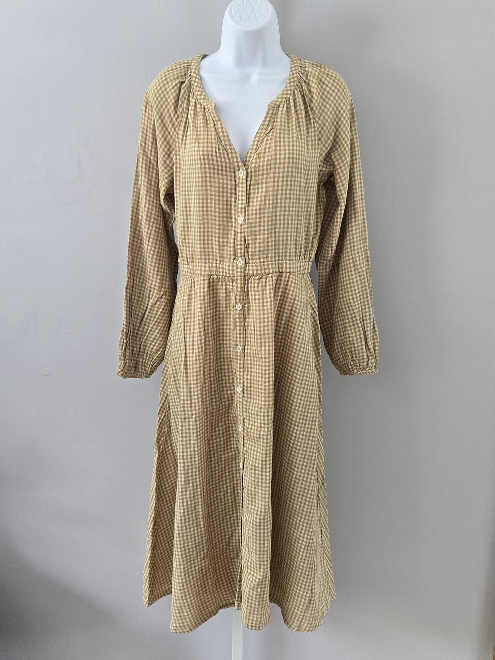 Pact Gingham Button-Front Long Sleeve Dress in Tan